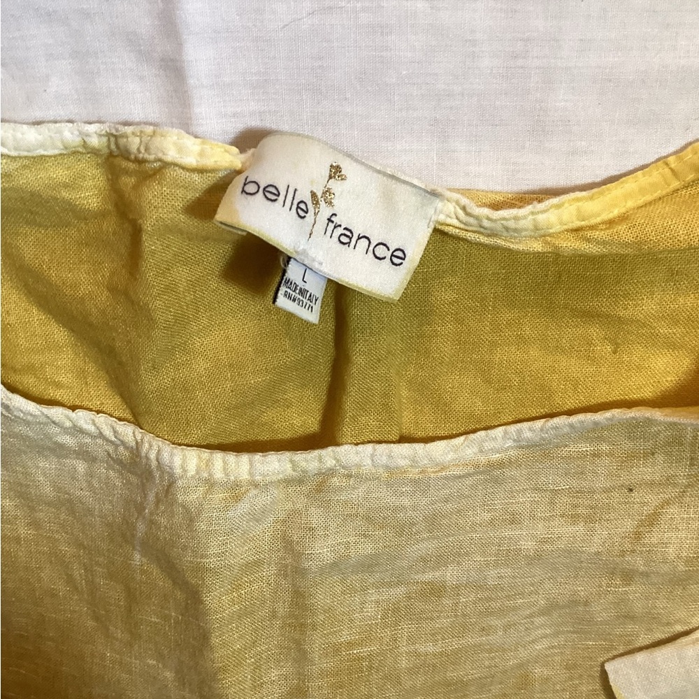 Belle France Linen Oversized Blouse Short Sleeve Pull Over Shirt Grey/Yellow L - Picture 3 of 13